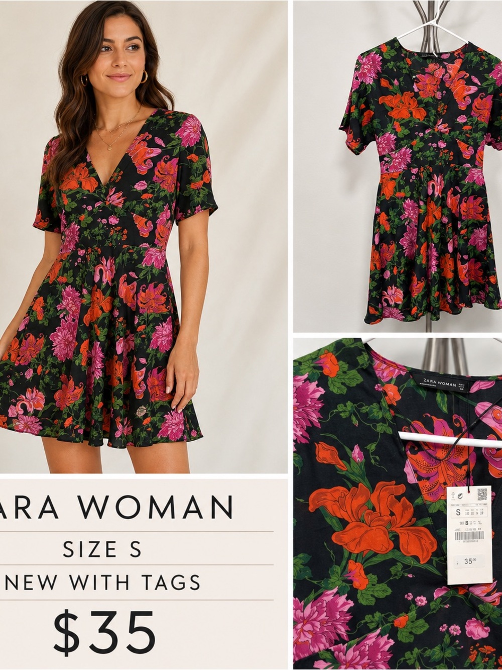 Zara Black Floral V-Neck Mini Dress with Pink & Orange Blooms